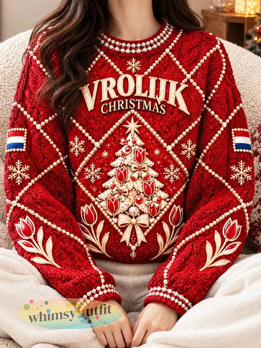Rode vrijetijdspullover voor dames met kerstprint in Nederlandse stijl - Rood / S