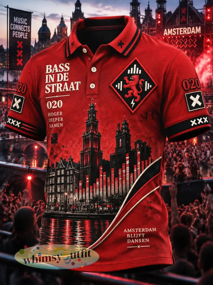 Rood casual poloshirt voor heren met Amsterdam Electronic Music Festival-print - Rood / S