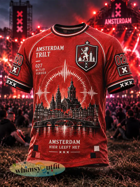 Rood casual T-shirt met afhangende schouders en Amsterdam Electronic Music Festival-print voor heren - Veelkleurig / S