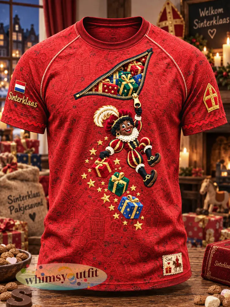 Rood casual T-shirt voor heren met print van Sinterklaas - Rood / S