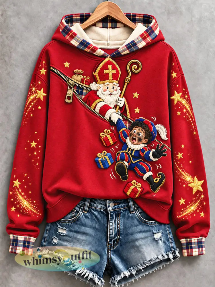 Rood geruit patchworkprint casual sweatshirt met capuchon voor dames geïnspireerd op de Sint-Nicolaasdag in Nederland