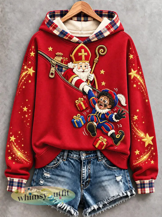 Rood geruit patchworkprint casual sweatshirt met capuchon voor dames geïnspireerd op de Sint-Nicolaasdag in Nederland