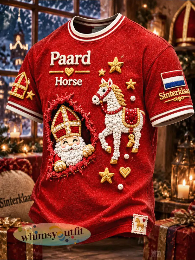 Rood grappig casual T-shirt voor heren met Sinterklaasprint - Rood / S