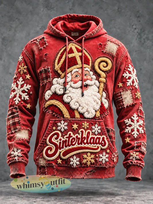 Rood heren-sweatshirt met capuchon casual model met patchworkprint en thema Sinterklaas - Rood / S