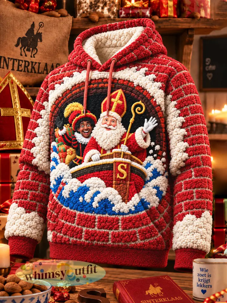 Rood heren-sweatshirt met capuchon gevoerd met fleece voorzien van een print met Sinterklaas-thema in vrijetijdsstijl