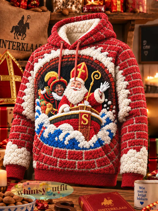 Rood heren-sweatshirt met capuchon gevoerd met fleece voorzien van een print met Sinterklaas-thema in vrijetijdsstijl