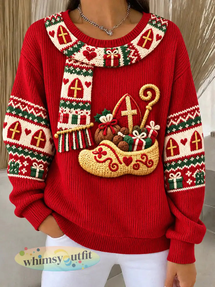 Rood informeel sweatshirt voor dames met Nederlandse Sinterklaasprint - Rood / S