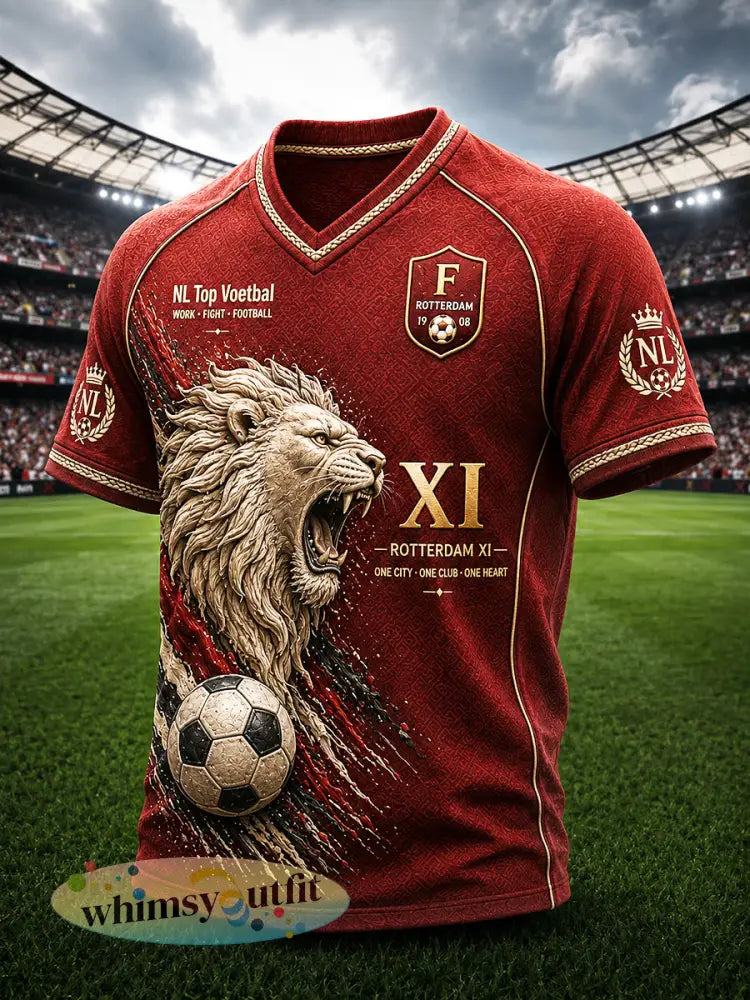Rood Feyenoord-voetbalclubt-shirt voor heren met vrijetijdsprint en V-hals - Rood / S