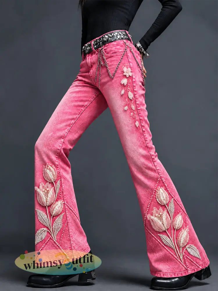 Roze damesbroek met bloemenprint en uitlopende pijpen casual stijl - Roze / S