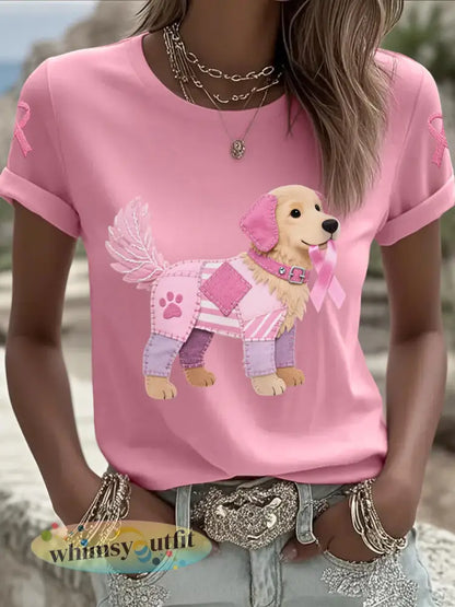 Roze hond roze lint borstkanker voor dames ondersteuning tee - Roze / S
