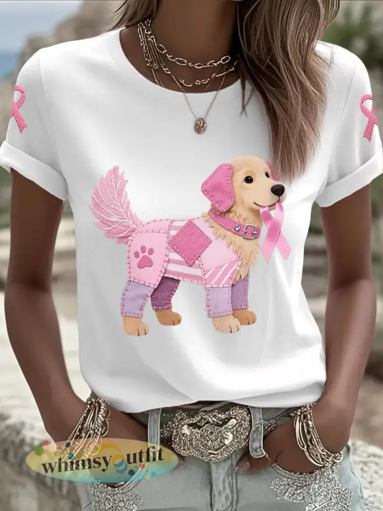Roze hond roze lint borstkanker voor dames ondersteuning tee - Wit / S