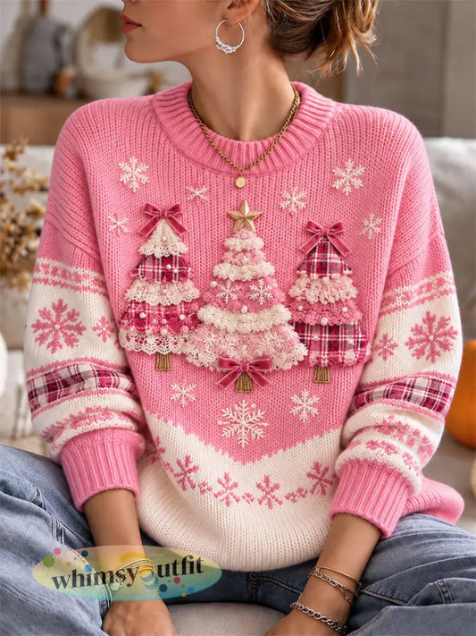 Roze kerstboom voor dames Gezellige gebreide trui - Roze / S