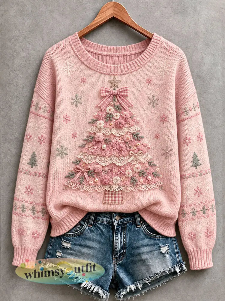 Roze kerstboomgebreide trui voor dames - Roze / S