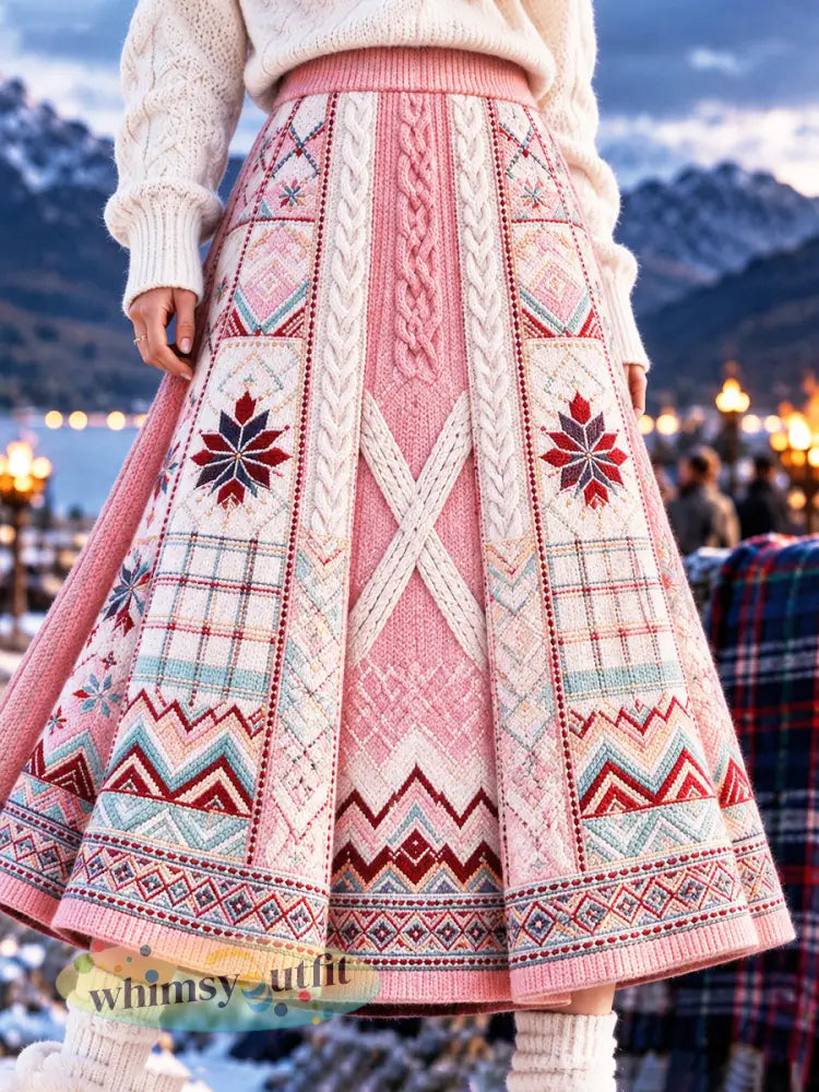 Roze Nederlandse kerst patchwork print casual herfstwinterrok - Roze / S