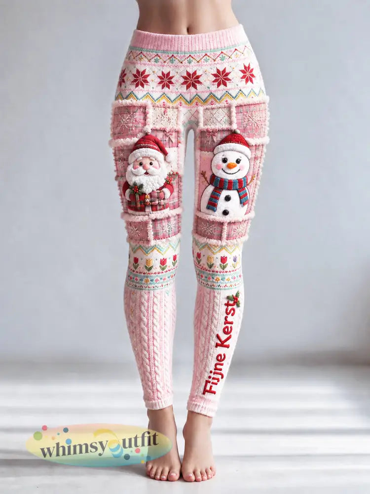 Roze Nederlandse kerst patchwork print casual legging - Roze / S