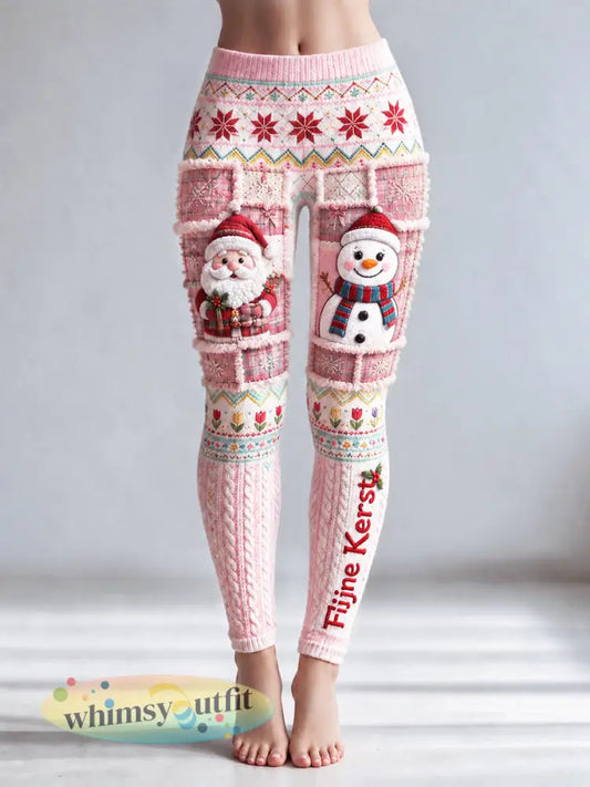 Roze Nederlandse kerst patchwork print casual legging - Roze / S