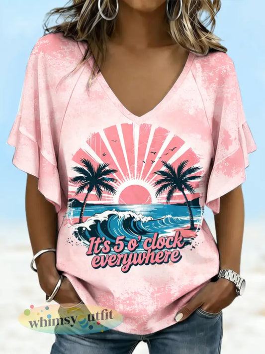 Roze print casual V-hals T-shirt - Roze / S