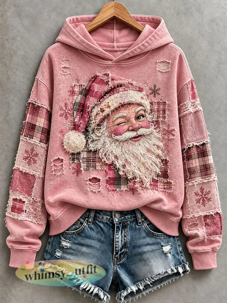 Roze Santa-hoodie met patchworkmotief voor dames - Roze / S