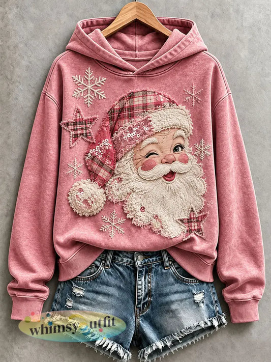 Roze Santa-hoodie met patchworkmotief voor dames - Roze / S