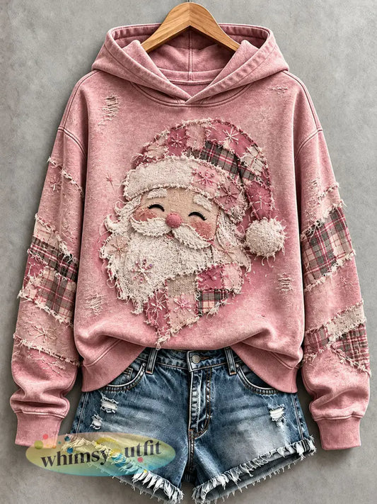 Roze Santa-hoodie met patchworkmotief voor dames - Roze / S