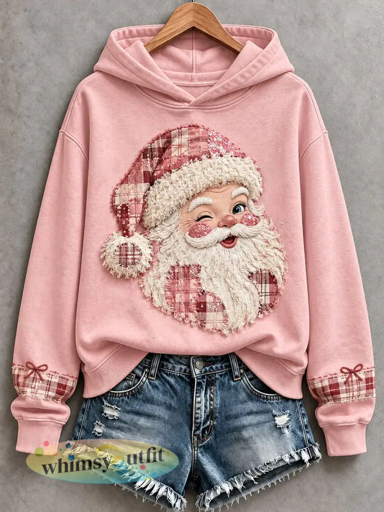 Roze Santa-hoodie met patchworkmotief voor dames - Roze / S