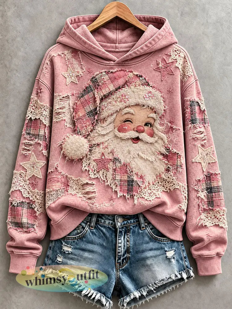 Roze Santa Patchwork Art Hoodie voor dames - Roze / S