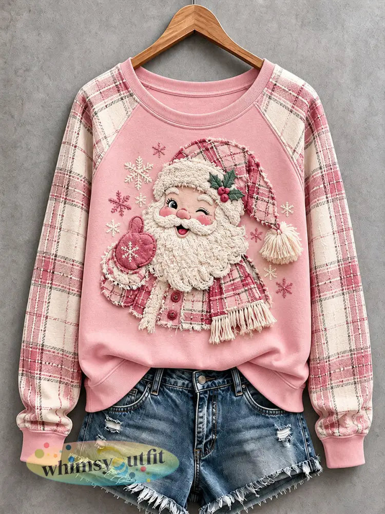 Roze Santa Patchwork Art Sweatshirt voor dames - Roze / S
