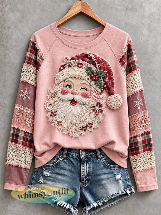 Roze Santa Patchwork Art T-shirt met lange mouwen voor dames - Roze / S