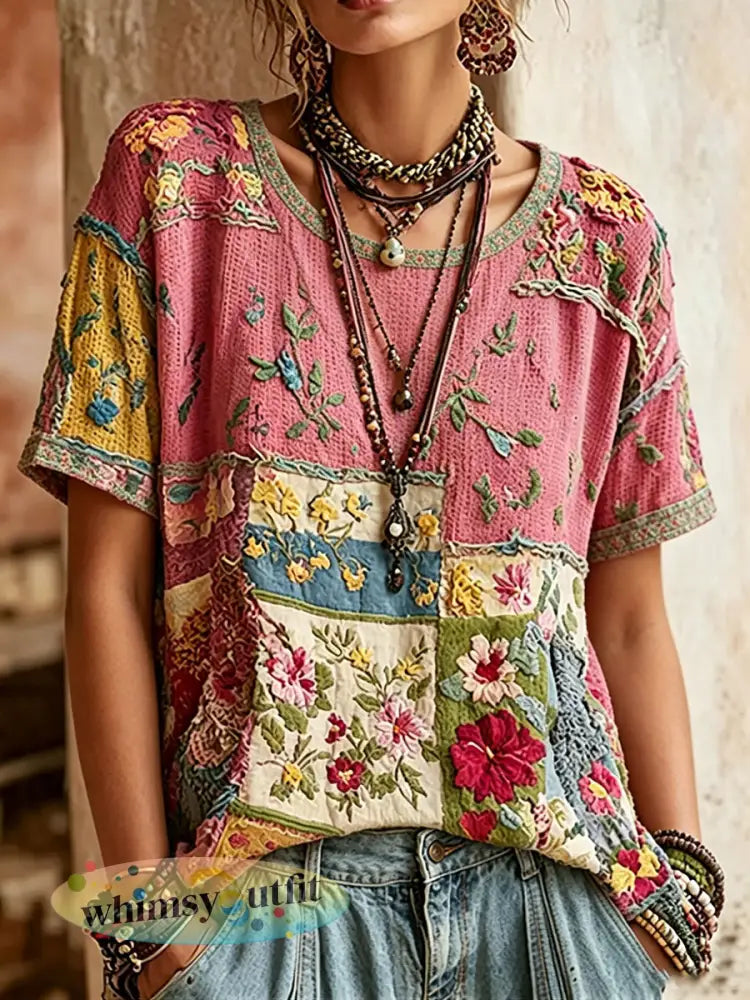 Roze T-shirt met bloemenprint voor dames - Roze / S