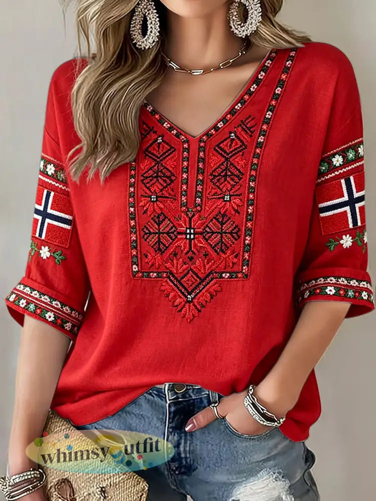 Scandinavische stijl kunst voor dames Noorwegen bedrukte linnen tops - Rood / S