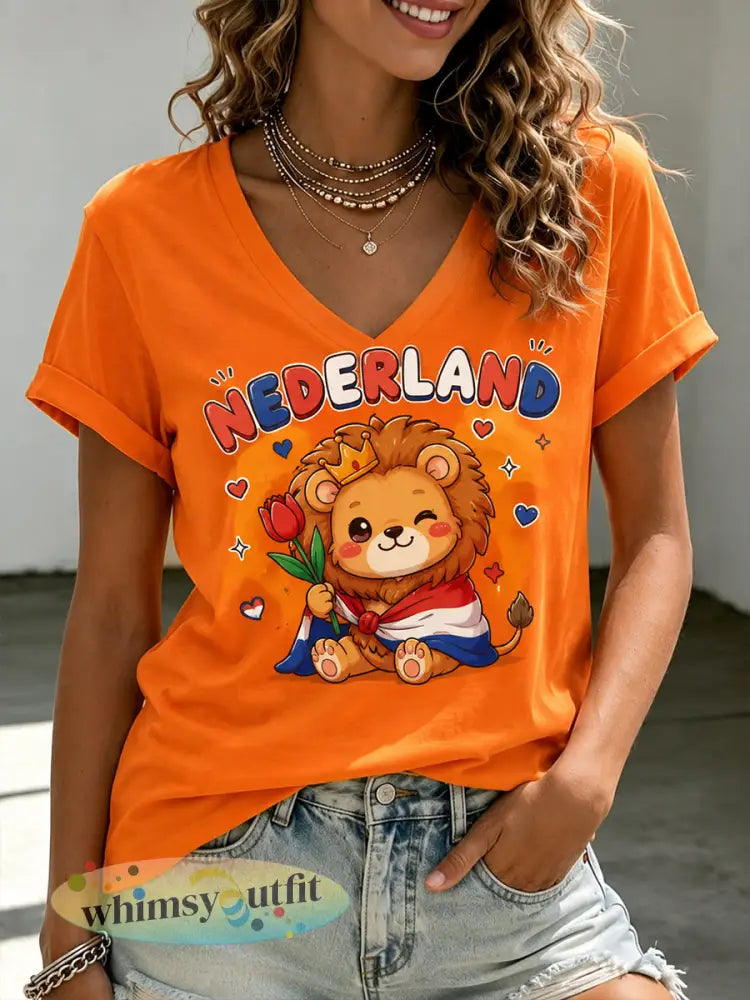 Schattig T-shirt met leeuwen- en bloemenprint V-hals en korte mouwen voor dames - A / S