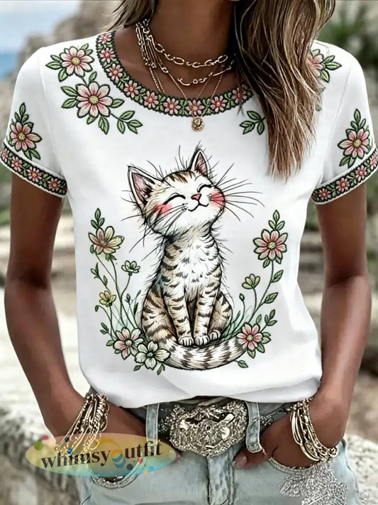 Schattige bloemen kat print casual tee voor dames - Wit / S
