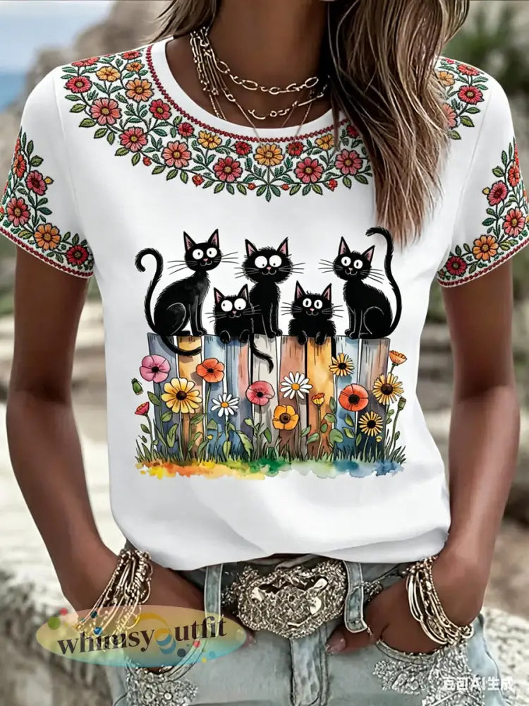 Schattige bloemen zwarte katten voor dames print casual tee - Wit / S