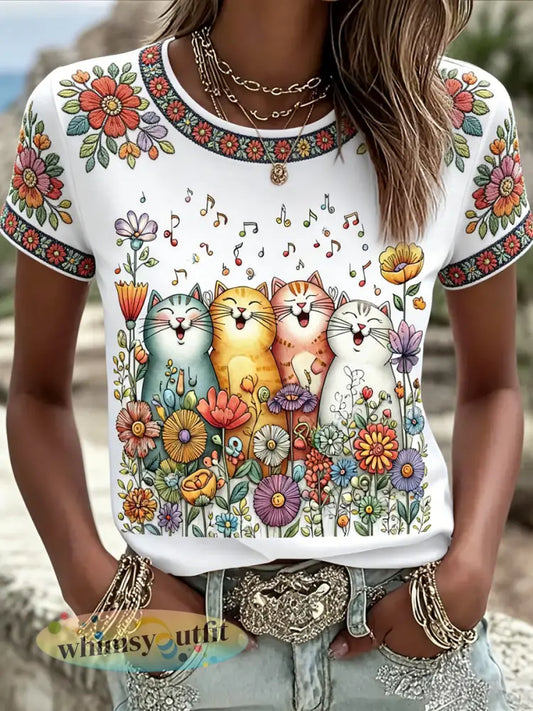 Schattige bloemenkatten voor dames print casual tee - Wit / S