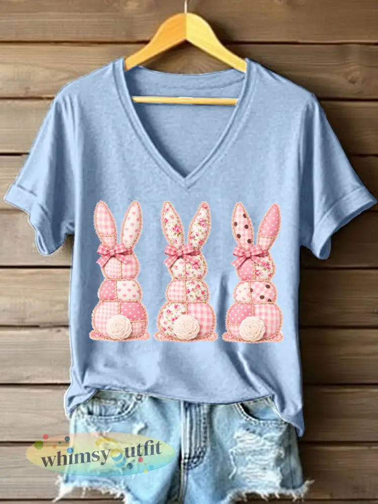 Schattige Bunny Patchwork Patchwork Patroon V-hals T-shirt voor dames - Hemelsblauw / S
