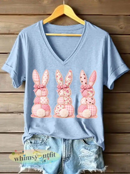 Schattige Bunny Patchwork Patchwork Patroon V-hals T-shirt voor dames - Hemelsblauw / S