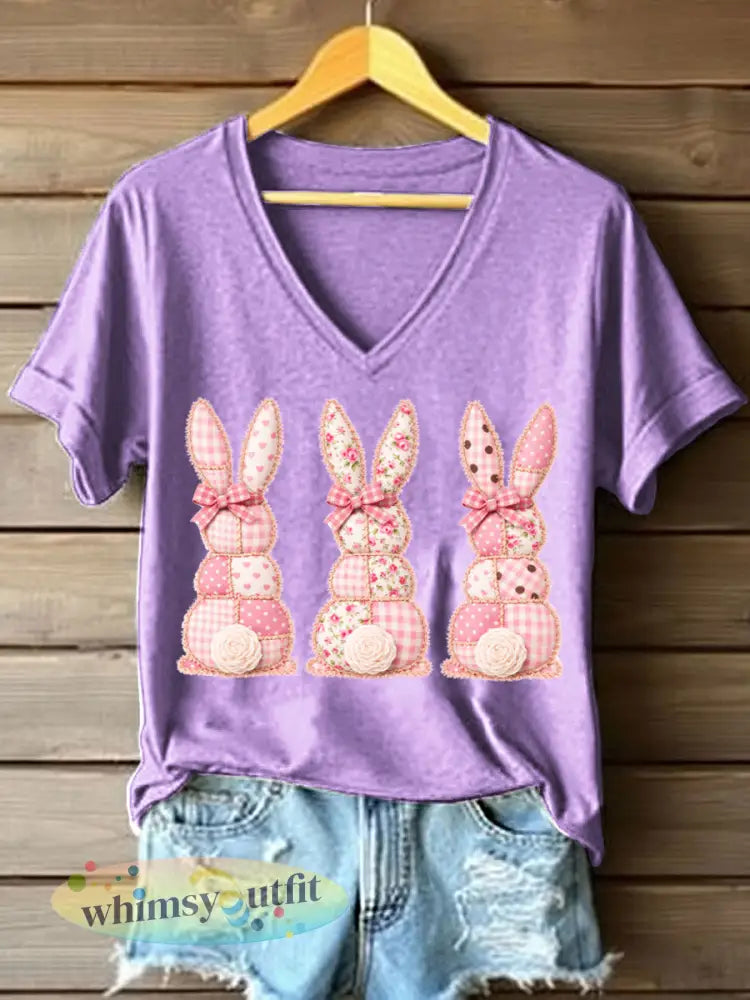 Schattige Bunny Patchwork Patchwork Patroon V-hals T-shirt voor dames - Purper / S