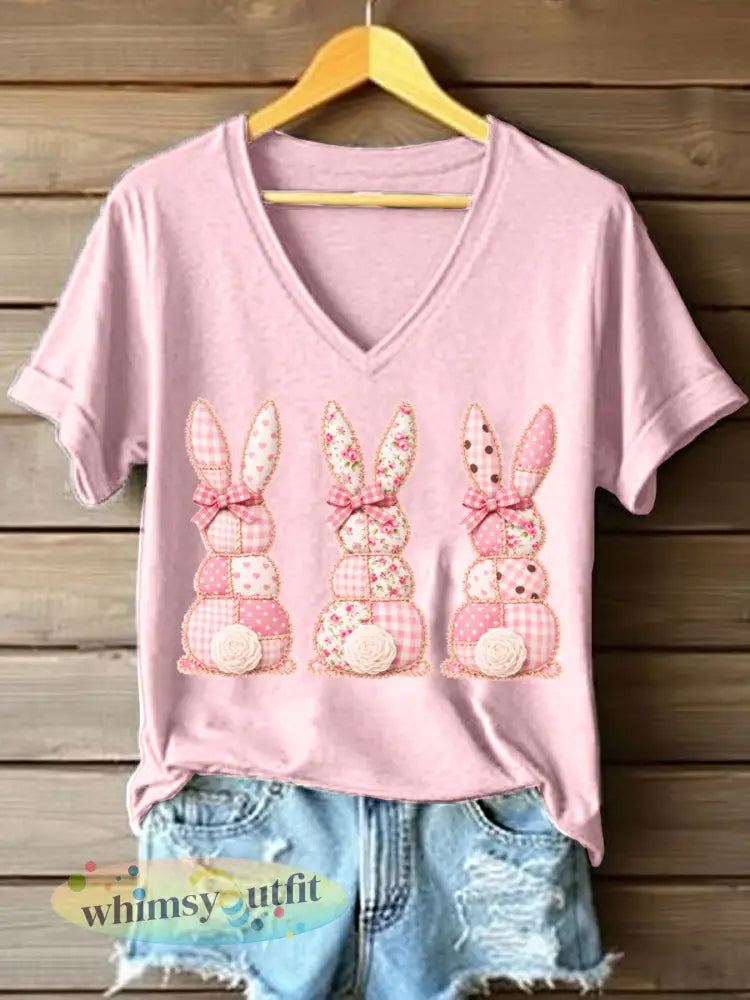 Schattige Bunny Patchwork Patchwork Patroon V-hals T-shirt voor dames - Roze / S
