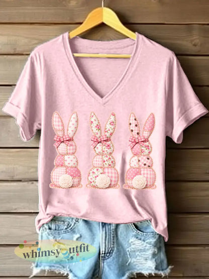 Schattige Bunny Patchwork Patchwork Patroon V-hals T-shirt voor dames - Roze / S