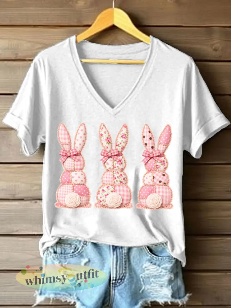 Schattige Bunny Patchwork Patchwork Patroon V-hals T-shirt voor dames - Wit / S