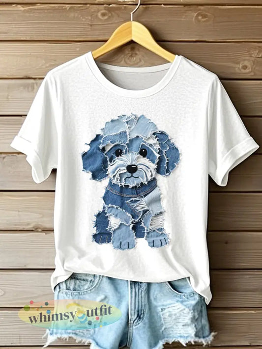 Schattige hond denim patchwork kunst T-shirt voor dames - Wit / S