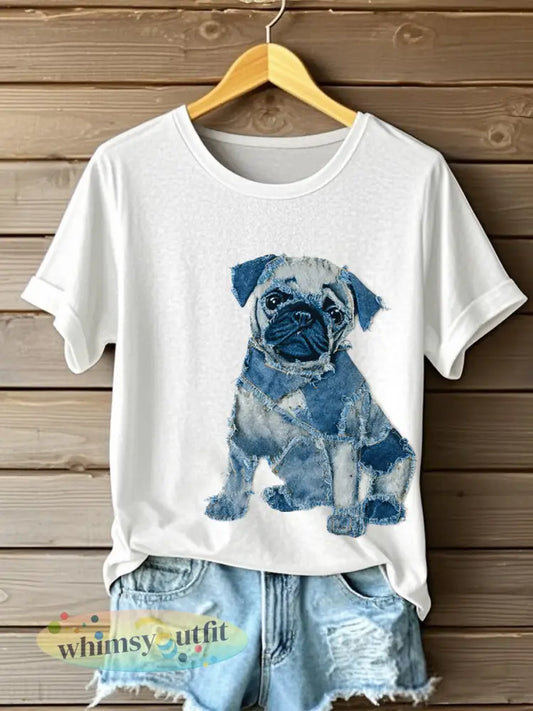 Schattige hond patchwork kunst korte mouw T-shirt voor dames - Wit / S