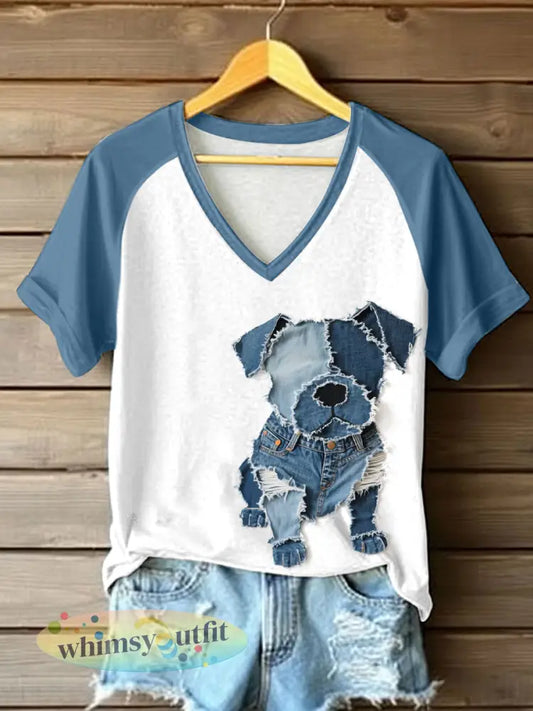 Schattige hond patchwork kunst V-hals T-shirt voor dames - als foto / S