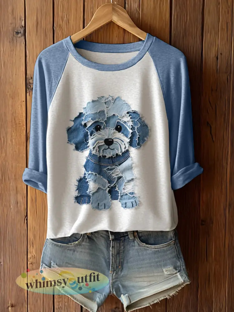 Schattige hond patchwork voor dames met lange mouwen T-Shirto - Lichtblauw / S