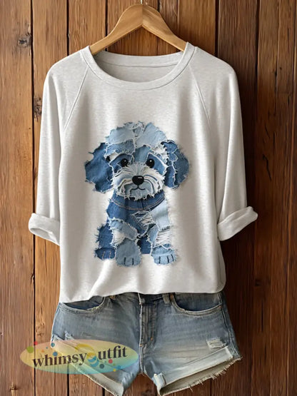 Schattige hond patchwork voor dames met lange mouwen T-Shirto - Wit / S