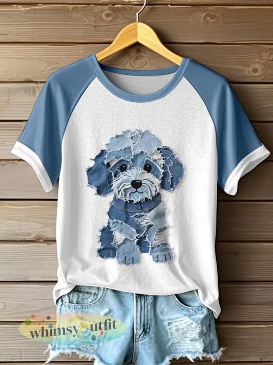 Schattige hond patroon patchwork kunst T-shirt voor dames - Blauw / S