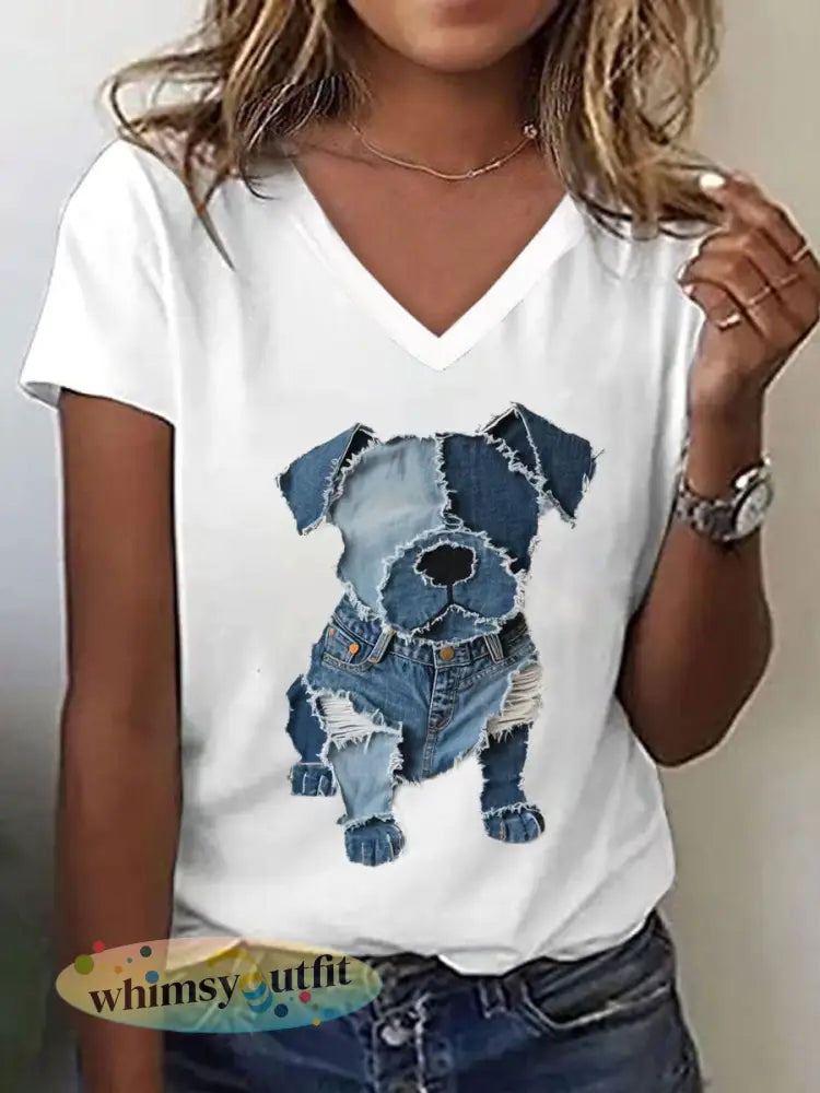 Schattige hond patroon patchwork kunst v-hals T-shirt voor dames - Wit / S