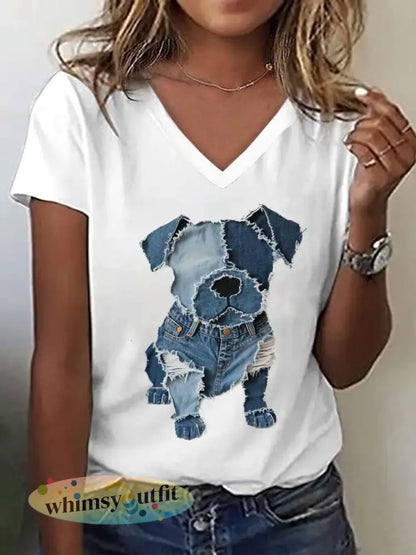 Schattige hond patroon patchwork kunst v-hals T-shirt voor dames - Wit / S
