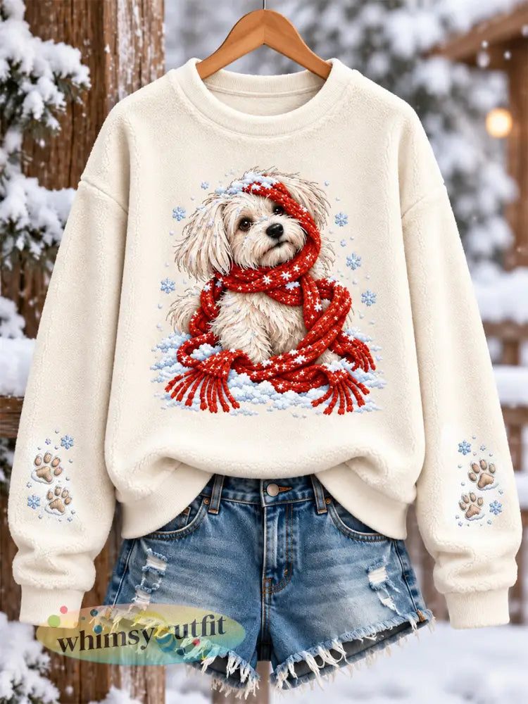 Schattige hondenprint flanellen sweatshirt voor dames - Romig-Wit / S