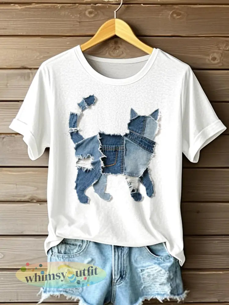 Schattige kat denim patchwork kunst T-shirt voor dames - Wit / S